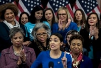 Image: Rep. Alexandria Ocasio-Cortez (D-N.Y.) speaks in favor of the Paycheck Fairness Act in 2018. Democrats reintroduced the law, marking the anniversary of President Barack Obama signing the Lilly Ledbetter Fair Pay Act.