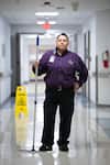 SAN ANTONIO, TX - SEPTEMBER 15: Mariana Baldazo, a custodial worker in charge of 16 floors at University Hospital in San Antonio, poses for a portrait as she she cleans a hallway as part of her runs daily duties at the hospital, in San Antonio, TX, on Tuesday, September 15, 2020.