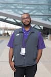 DENVER, UNITED STATES - SEPT 15: Anthony Cowherd, Aviation Customer Service Lead Agent at Denver International Airport, poses outside the airport in Denver, United States on September 15, 2020. (Photo by Rachel Woolf for The Washington Post)