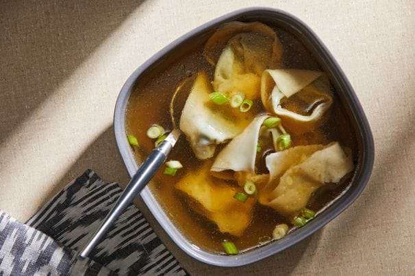 Vegetarian wontons are a delight to eat in this light, fragrant soup