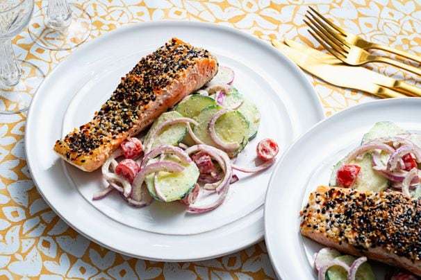 Everything spice and a cream cheese dressing give this salmon dinner a deli twist