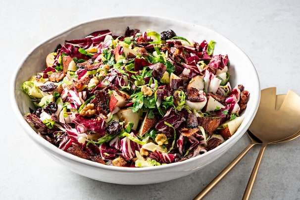 This chopped salad with radicchio, pear, bacon and walnuts is layered with fall flavors