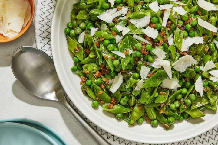 This triple pea salad recipe gets extra crunch from fried farro