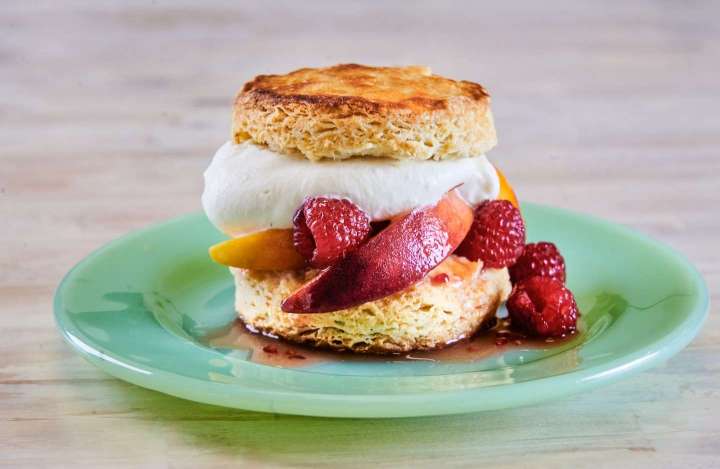 Make peach Melba shortcakes with vanilla cream and fresh raspberries