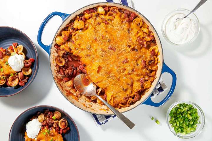 A chili pasta casserole that’s great for game night — or any night